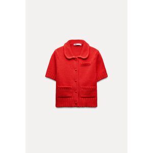 Red Zara Collared Button Front Short Sleeve Knit Cardigan Sweater (NWT)